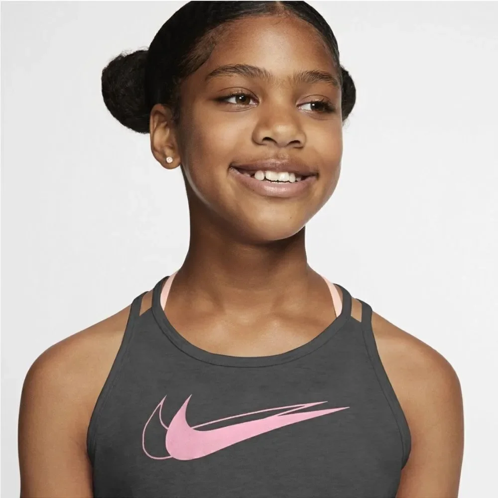 Nike Girls' Trophy Training Tank Top Medium Grey with Baby Pink Swoosh